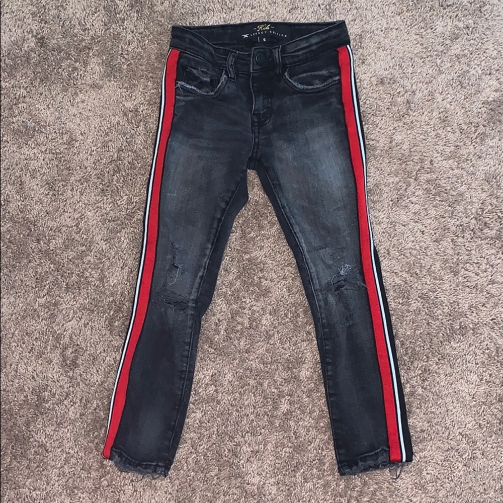 Kids skinny faded black ripped jeans with stripes